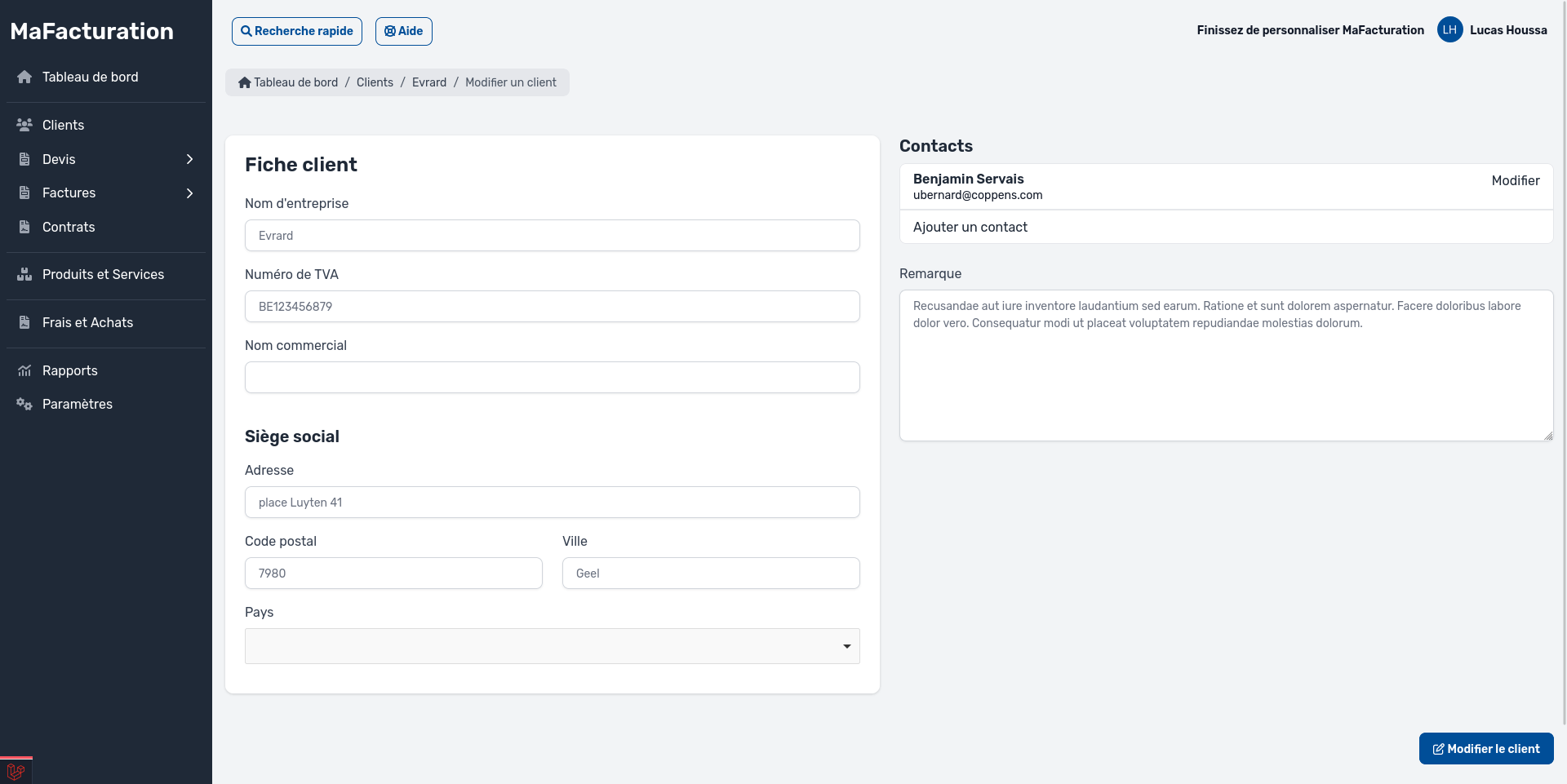 Interface de gestion clients MaFacturation